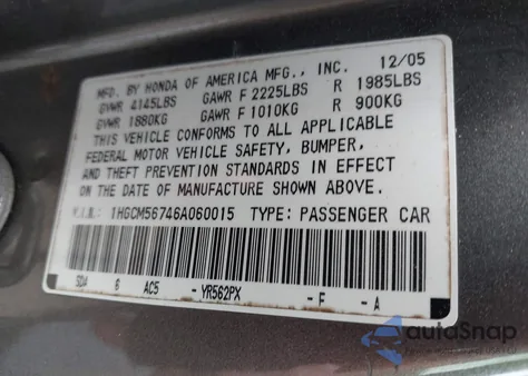 2006 Honda Accord 2.4 Ex z USA, uszkodzony, nr VIN 1HGCM56746A060015